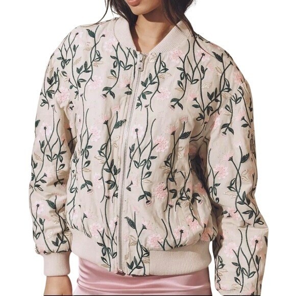 Avec Les Filles Pastel Floral Embroidered Bomber Jacket Beige Pink Women NWT SM - Picture 2 of 11